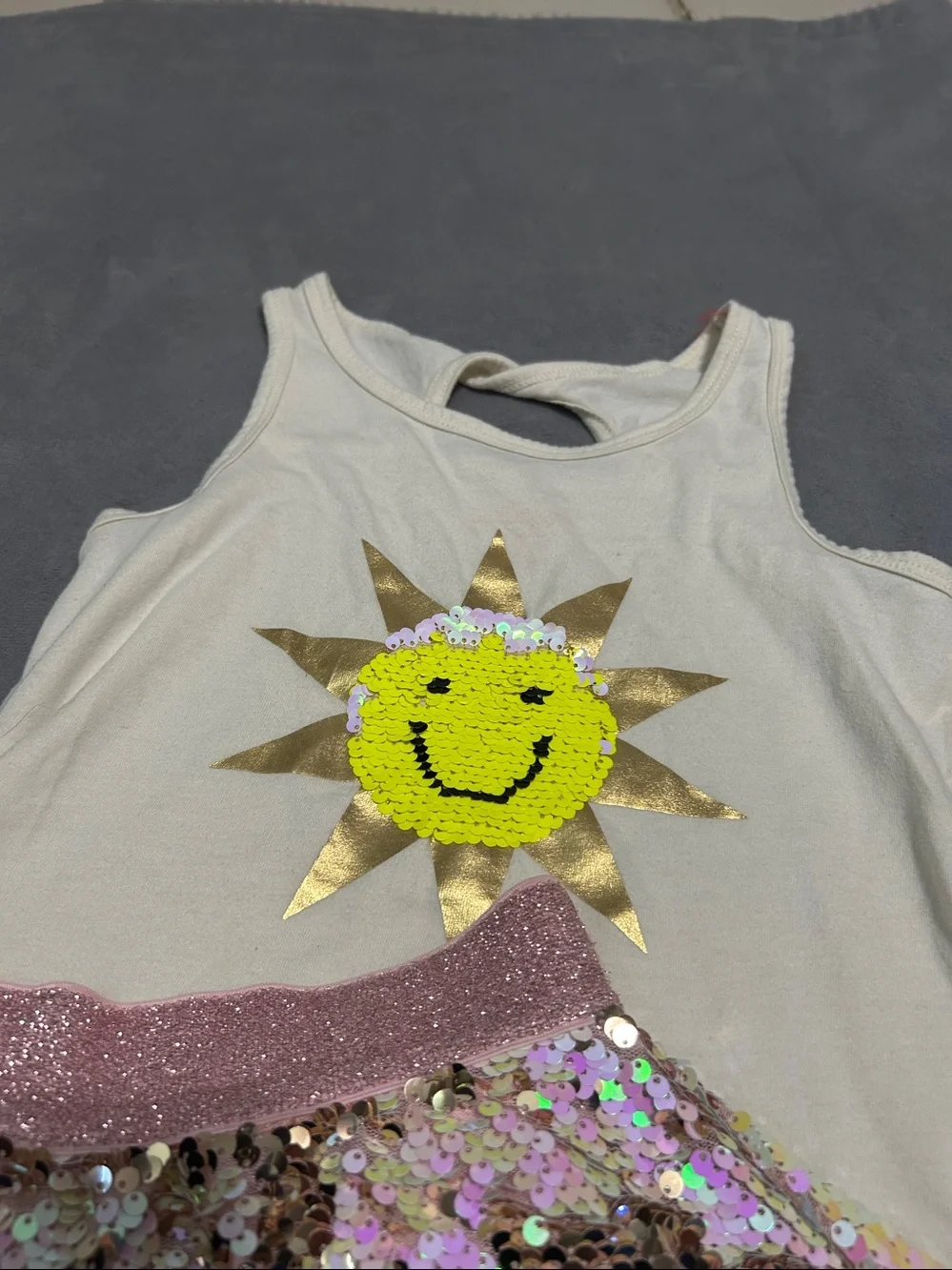 Girls Iridescent Pink Sequin Skirt & Cream Sun Tank Set